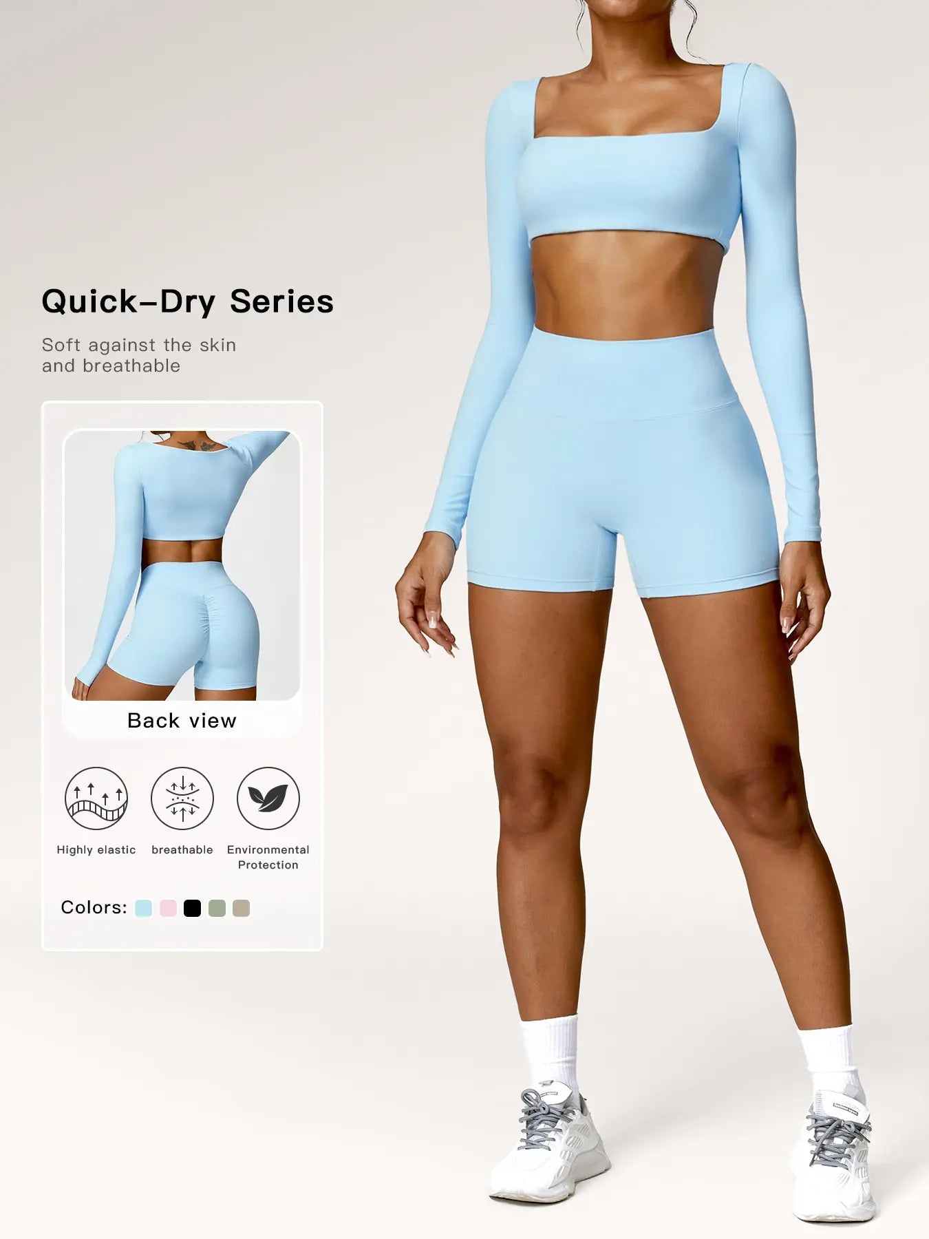 Women'S Solid Long Sleeve Crop Tee & High Waist Shorts Tracksuit Set, Sporty Square Neck Top & Short Leggings for Yoga, Ladies Sportswear, Workout Running Clothes, Elegant Gym Outfits, Workout Sets Women