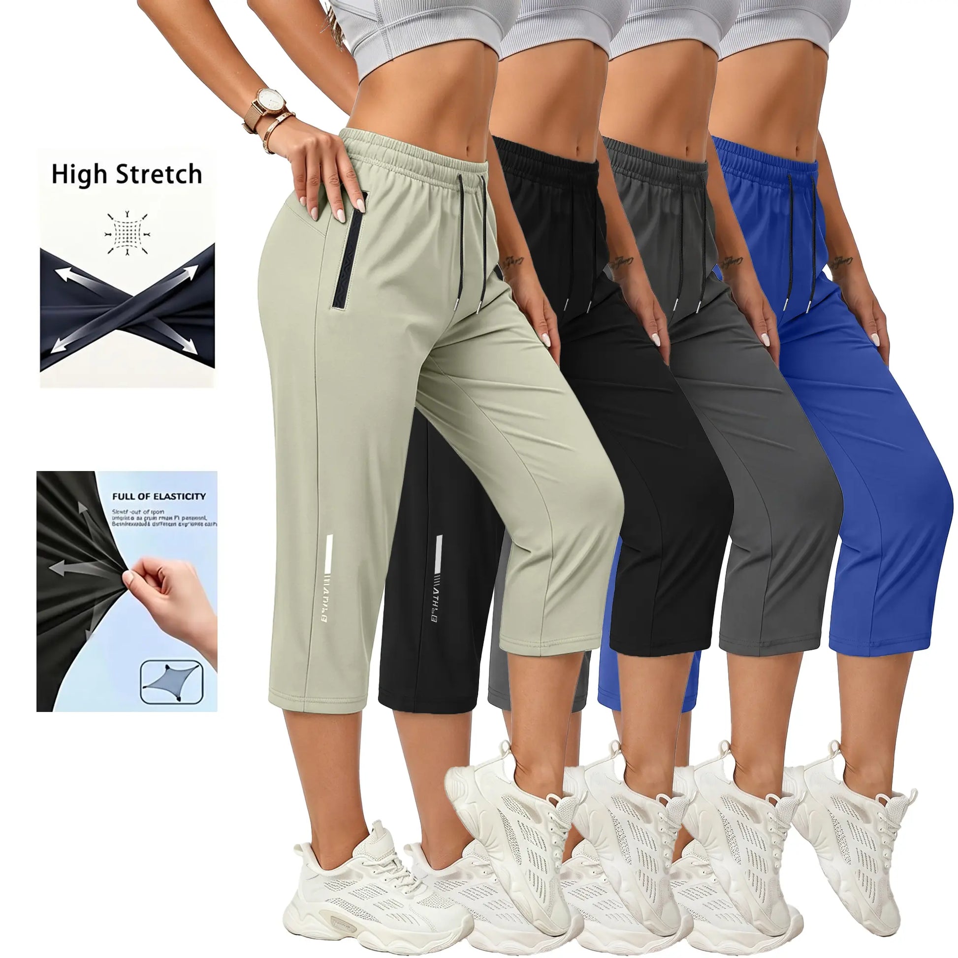 4-Pack Women’S Casual, Comfortable Loose Pants—Recommended for Summer Beach Trips and Vacations; Includes Pockets, Stretchy Fabric, and a Summery Vibe; Seven-Eighths Length for Women.