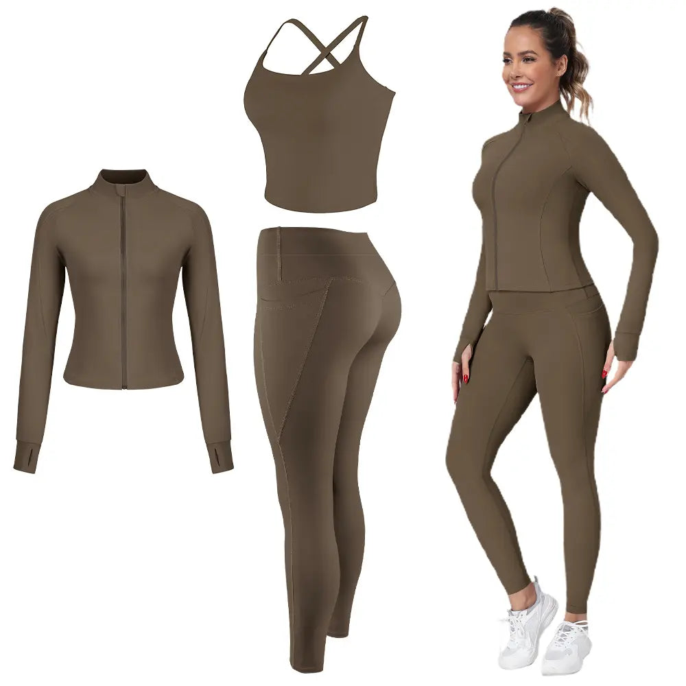 2026 New 3-Piece Workout Set - Adjustable Straps Sports Bra + No Front Seam & Butt Lifting Leggings with Pockets + Concealed Full Zip Jacket with Collar Shield – Women’S Yoga Outfit Activewear for Gym Running Training Sportswear