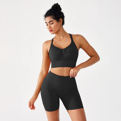 BRXL 2-Piece Set Lycra Fabric Women'S Supportive Cross-Back Sports Bra & Sculpting Ruched Biker Shorts | V-Back Design Seamless Construction #Fitness #Outdoorfun #Holidaywarmup #Summervibes -1