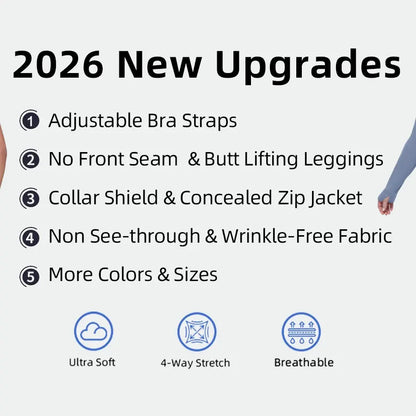 2026 New 3-Piece Workout Set - Adjustable Straps Sports Bra + No Front Seam & Butt Lifting Leggings with Pockets + Concealed Full Zip Jacket with Collar Shield – Women’S Yoga Outfit Activewear for Gym Running Training Sportswear