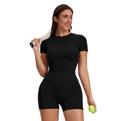 Women'S 2-Piece Sport Set High-Stretch Yoga Shorts & Quick-Dry Tee Side Pockets Gym Running All-Season Fit